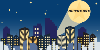 Be the One in the Fight Against Human Trafficking banner image. A city skyline at night with a spotlight in the sky that reads Be The One.