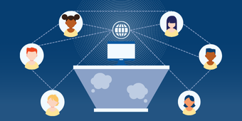 Customer Relations and Complaint Resolutions banner image. A desk with a computer on top. The desk is surrounded by pictures of customers and thought bubbles.