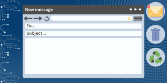 Email Inventory and Email Cleanup banner image. A new email composition window open next to several icons, including a notification bell, trash bin, and recycling symbol.