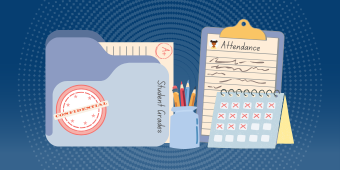 Family Educational Rights and Privacy Act (FERPA) banner image. A file folder labeled Student Grades with the word confidential on the cover. Graded student papers peek out of the top of the folder.