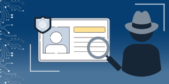 Fraud Awareness Training banner image. A person holding a magnifying glass analyzing a fingerprint and driver's license ID.