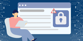 IRS Information Security banner image. A man checking emails on his laptop. A warning pop-up with a red lock icon is displayed over the email message.