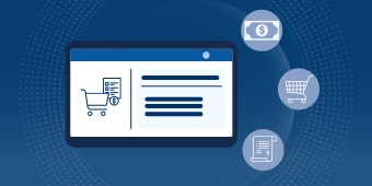 Purchasing Overview: The Basic Process banner image. A computer displaying a purchasing screen, positioned next to icons of a dollar sign, a checkout cart, and a receipt, representing key elements of the purchasing process.