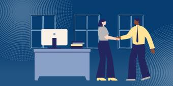 Recognition and Prevention of Sexual Harassment banner image. A man and woman shaking hands in an office setting.