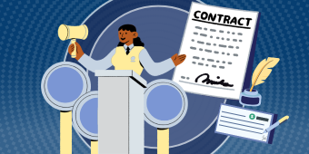 Request for Applications banner image. An auctioneer holding a raised gavel stands next to floating icons representing a signed contract, a check with a signature, and a quill with an ink bottle.
