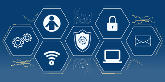 Sensitive Personal Information (SPI) Training banner image. Various icons that represent principles of cybersecurity including a shield, computer, lock pad, and a letter.