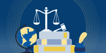 TWC Ethics Training banner image. A stack of books with the scales of justice and a judge's gavel resting on top.