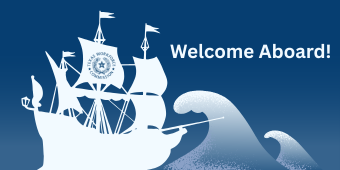 New Employee Orientation banner image. A pirate ship with the TWC logo on its sails. The text "Welcome Aboard" is written above the ship.