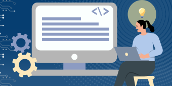 RACF courses banner image. A woman sits at a computer with a glowing light bulb floating above her head, symbolizing a new idea or realization. A larger, zoomed-in view of her computer screen displays the RACF interface with a text-based layout, indicating she is learning or working within the system.