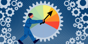 Risk Management 101 banner image. A barometer wheel with colors ranging from green to red, and an arrow showing risk.