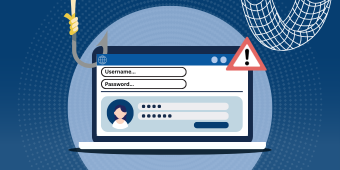 Security Awareness Phishing banner image. A laptop caught on a fishing hook, symbolizing a phishing attack. A fishing net hangs from one corner of the laptop. On the screen, a user's login information is visible along with a large red exclamation point, indicating a security breach or compromised credentials.
