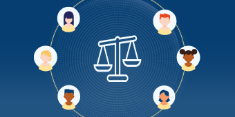 Equal Employment Opportunity Training banner image. A balanced scale surrounded by a diverse group of employees.