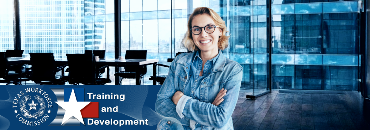 Training and Development Department banner image. A friendly woman smiling in a modern office setting next to the TWC Training and Development logo.