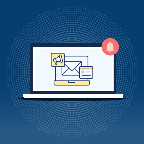 Newsletter banner image. Laptop screen with an email open and a notification bell symbol, indicating a new message has been received in the inbox.
