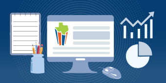 WorkinTexas Case Management courses banner image. A computer screen displaying data and the WorkinTexas logo. The logo features a graphic of the state of Texas.