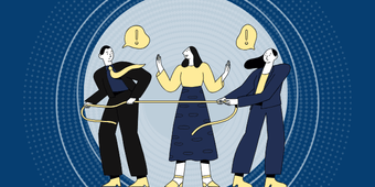 A woman attempts to mediate a conflict between two people who are engaged in a tug-of-war.