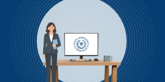A woman in a business suit stands next to a desk with a computer monitor displaying the Texas Workforce Commission logo.