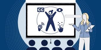 Accessible Presentations course cover image. A presenter stands beside a projection screen showing an accessibility graphic with icons for captions, visual access, hearing access, and touch. Four audience members sit facing the screen.