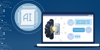 AI Awareness at TWC banner image. A computer chip is displayed next to a laptop with a brain and a chat conversation on the screen to represent artificial intelligence.