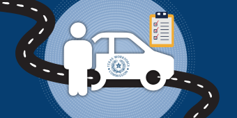 Fleet Driver Training banner image shows a Texas Workforce Commission fleet driver standing beside their vehicle, which has a checklist hovering over it. The checklist symbolizes vehicle compliance and management tasks.