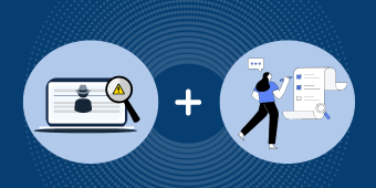 Fraud and Fact-Finding 101 banner, on the left, a laptop screen shows a suspicious online profile being examined with a magnifying glass that reveals a warning symbol. On the right, a person is carefully checking items off a long list. A plus sign is between the two images, symbolizing their connection.