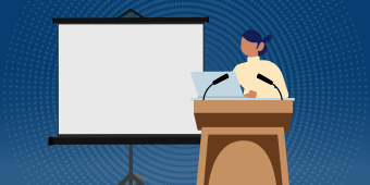 An illustration of an event moderator standing at a podium with a laptop and microphones, positioned next to a large projector screen.