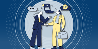 Workforce Development courses banner image. A workforce development professional shaking hands with a client.
