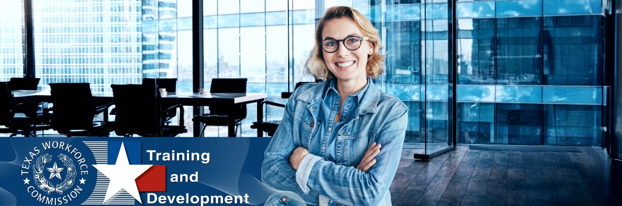 Training and Development Department banner image. A friendly woman smiling in a modern office setting next to the TWC Training and Development logo.