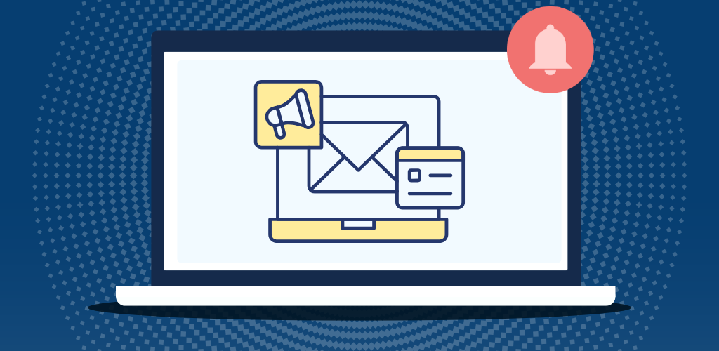 Newsletter banner image. Laptop screen with an email open and a notification bell symbol, indicating a new message has been received in the inbox.